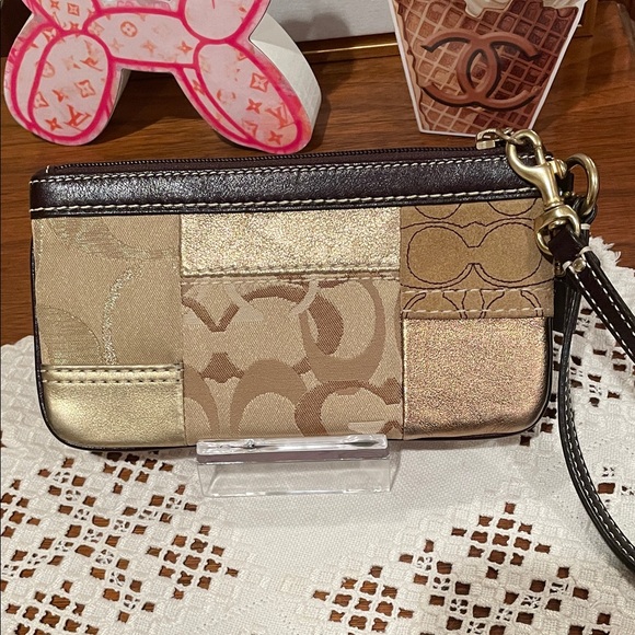 Coach Gold and Brown Patchwork Wristlet - Picture 2 of 4